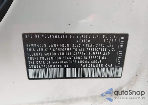 2013 Volkswagen Jetta 2.0L S from USA, damaged, VIN 3VW2K7AJ0DM240104